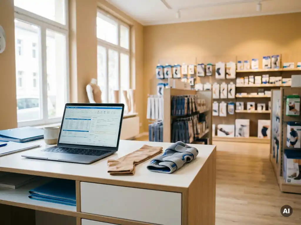 Schreibtisch einer Abrechnungsspezialistin mit Laptop, digitalen Rechnungen, Kompressionsstrumpf und Orthese in einem hellen deutschen Sanitätshaus.
