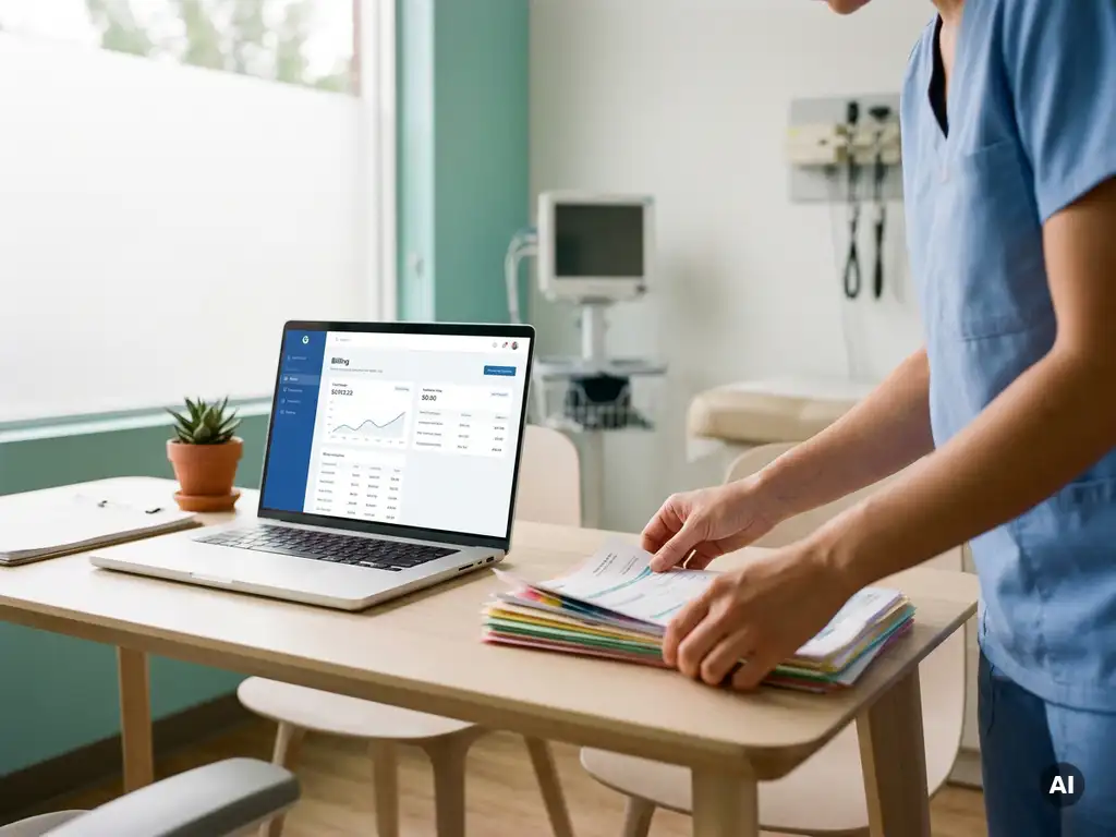 Hände einer Fachkraft sortieren Rezeptformulare neben einem Laptop mit Abrechnungs-Dashboard in einer modernen deutschen Klinik.