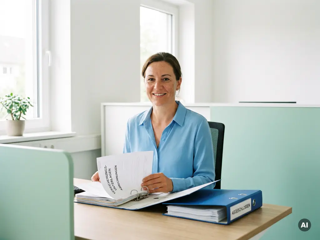 Abrechnungsspezialistin prüft Krankenversicherungsunterlagen an einem modernen Büroschreibtisch im hellen Tageslicht.