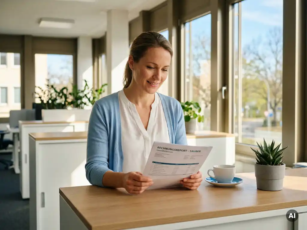 Abrechnungsspezialistin prüft Krankenkassen-Abrechnungsbericht an hellem Büroschreibtisch mit Pflanze und Kaffeetasse.