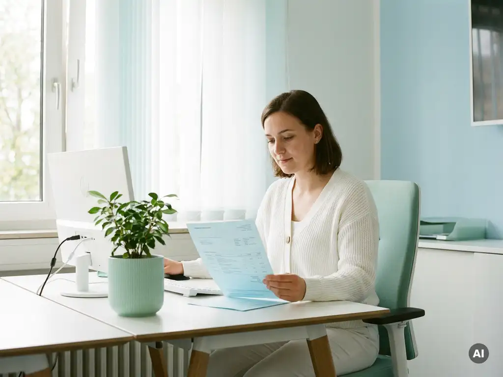 Abrechnungsspezialistin prüft medizinische Rechnung an modernem Büroschreibtisch mit kleiner Grünpflanze im Sonnenlicht.