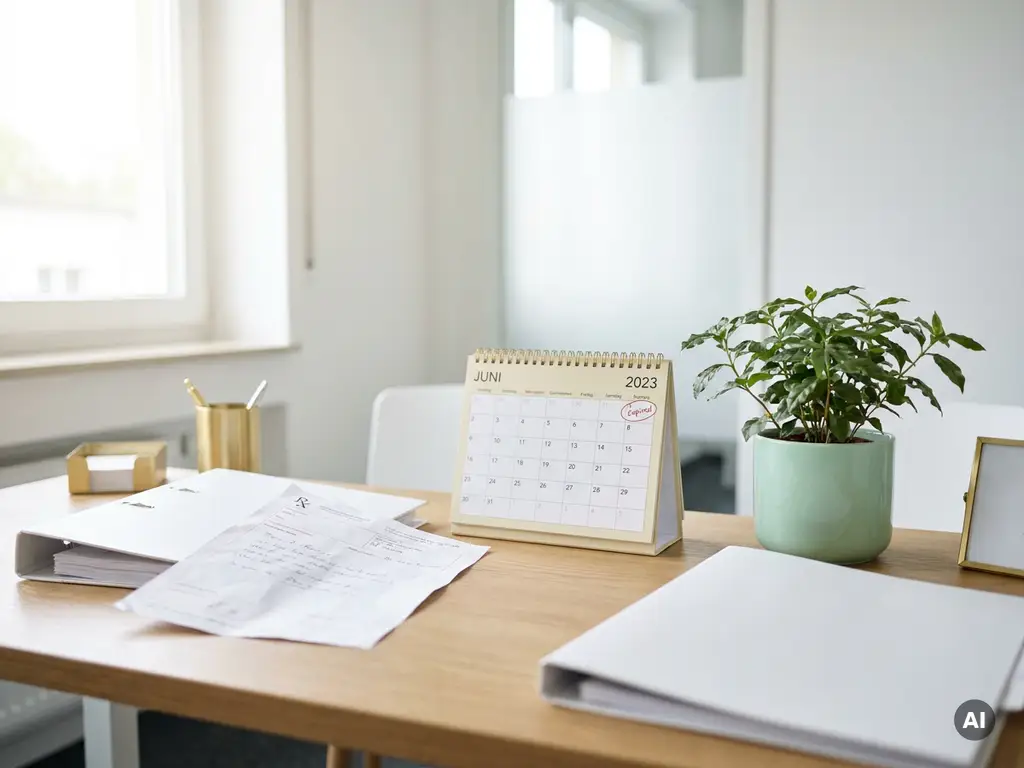 Rezeptdokument und Kalender auf dem Schreibtisch einer Abrechnungsspezialistin mit grüner Pflanze im deutschen Medizinbüro.