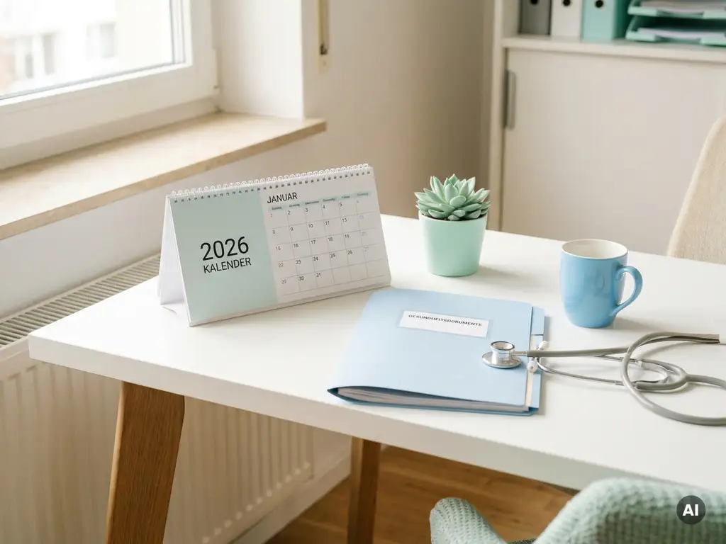 Moderner Arztpraxis-Schreibtisch mit Stethoskop, Kalender 2026 und Patientenunterlagen in hellem Tageslicht.