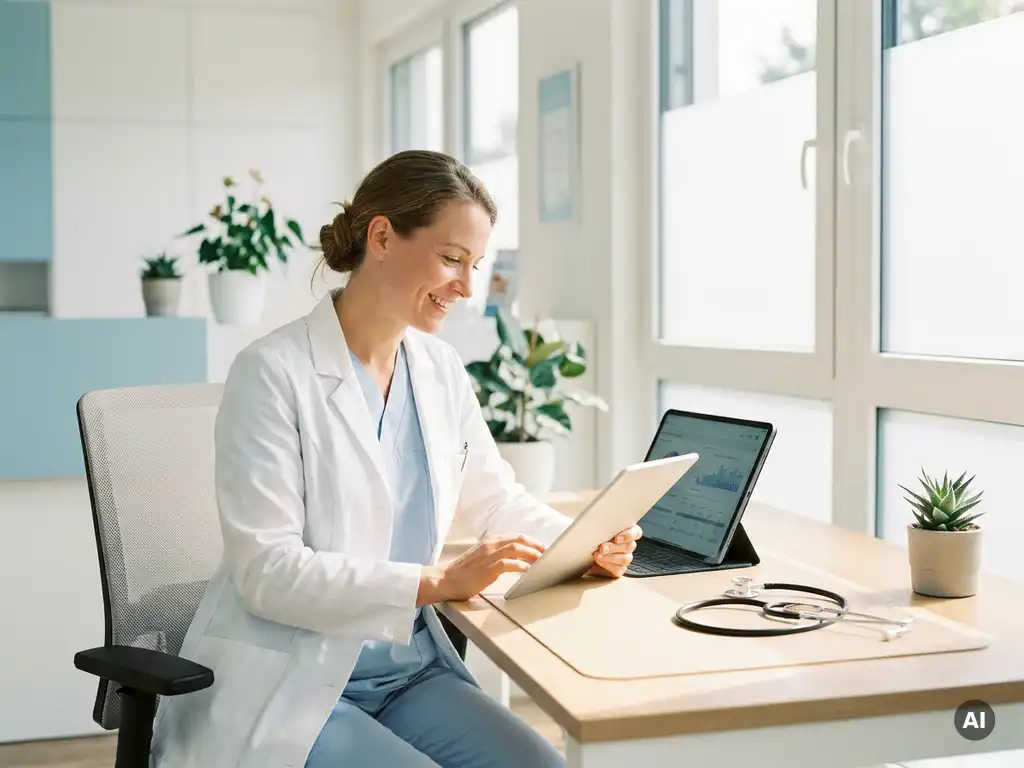 Ärztin in moderner deutscher Klinik mit digitalem Tablet für Patientenakten, Stethoskop und Sukkulente auf dem Schreibtisch.