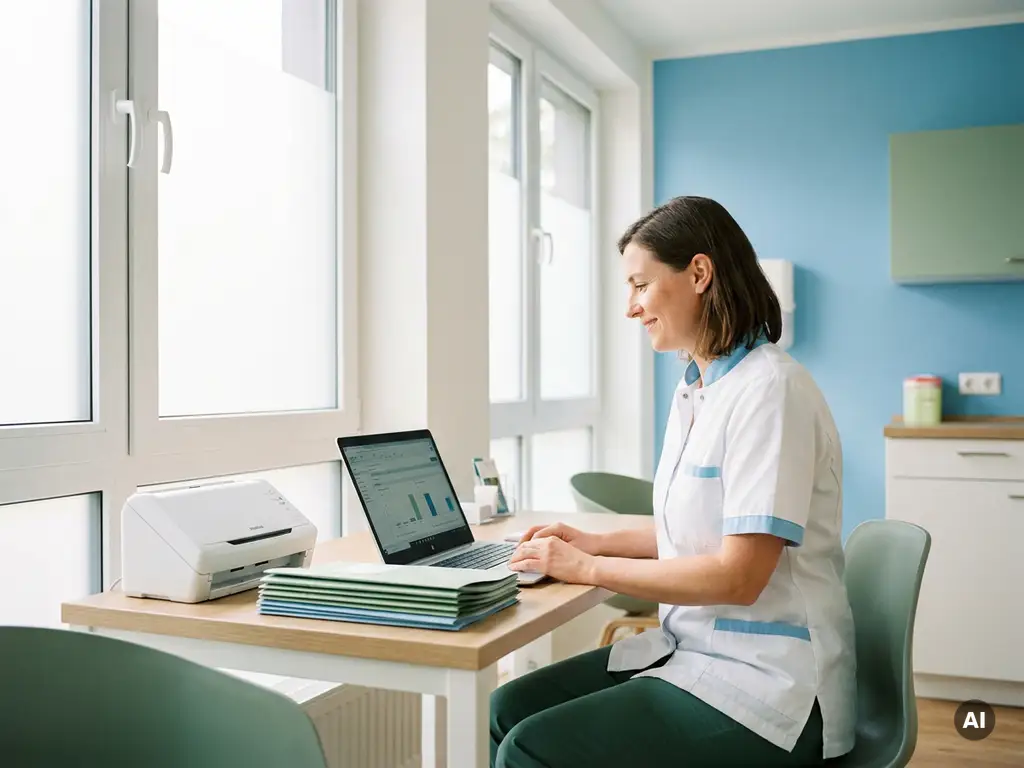 Ärztin in moderner deutscher Praxis prüft Patientendaten auf Laptop, Rezeptmappen und Scanner auf dem Schreibtisch, natürliches Tageslicht.