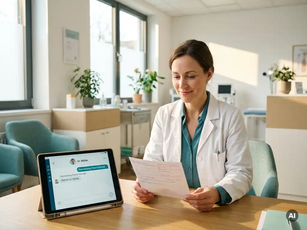 Ärztin in moderner Klinik prüft Rezept, während ein Tablet digitale Kommunikation mit überweisender Praxis anzeigt.