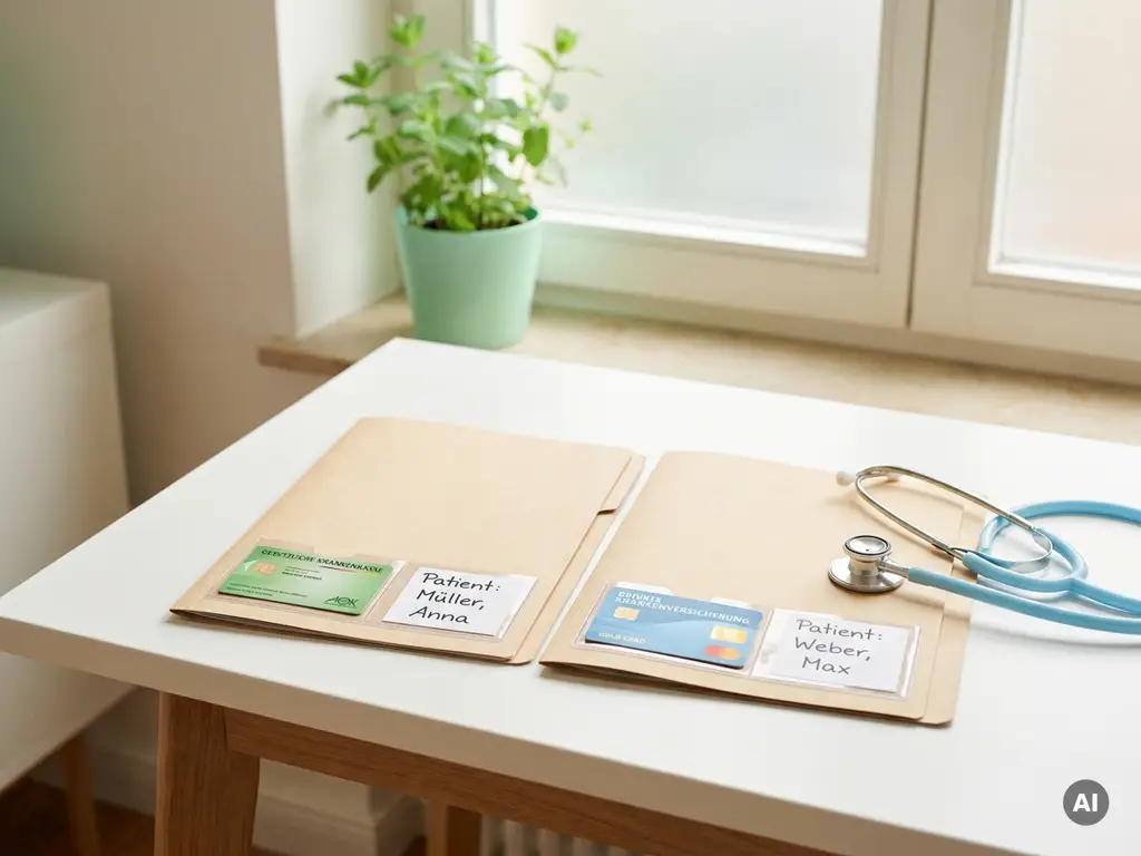 Zwei Patientenakten für gesetzliche und private Krankenversicherung auf einem modernen Arztschreibtisch neben einem Stethoskop.