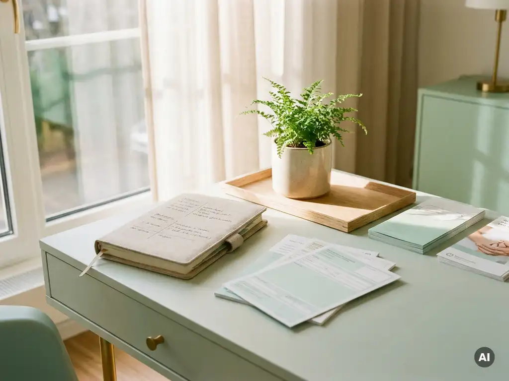 Moderner Arztschreibtisch mit offenem Kalender, Krankenversicherungsunterlagen und grüner Topfpflanze im Morgenlicht.