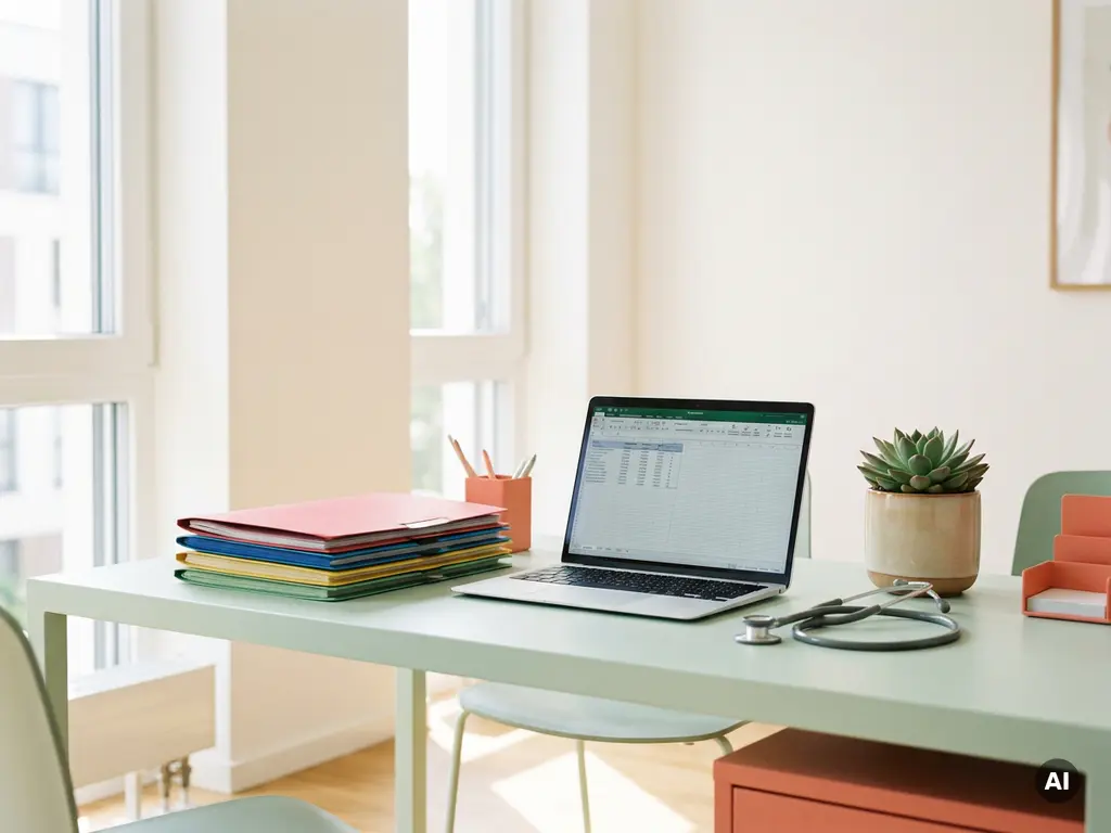 Moderner Arztschreibtisch mit Patientenakten, Stethoskop und Laptop, natürliches Tageslicht, Sukkulente im Hintergrund.