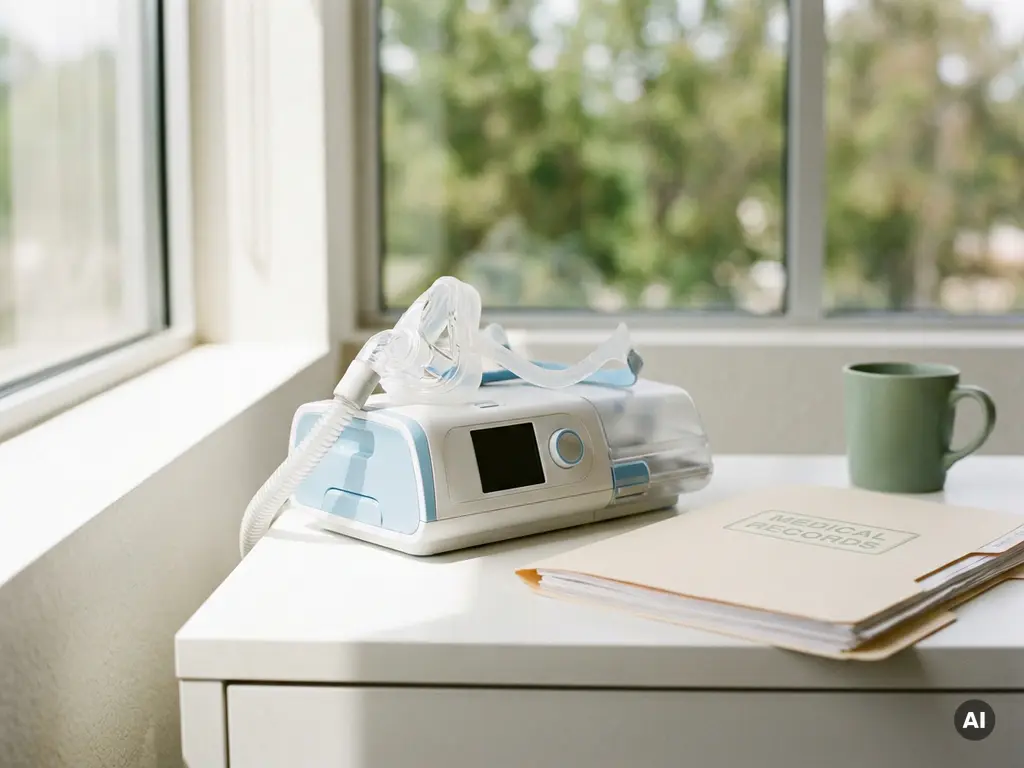 CPAP-Gerät mit Atemmaske und medizinischen Dokumenten auf weißem Schreibtisch im natürlichen Tageslicht.