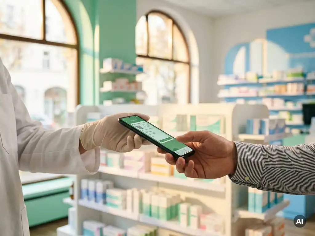 Apotheker reicht Patient ein Smartphone mit digitalem Rezept in moderner deutscher Apotheke mit hellen weißen Regalen.