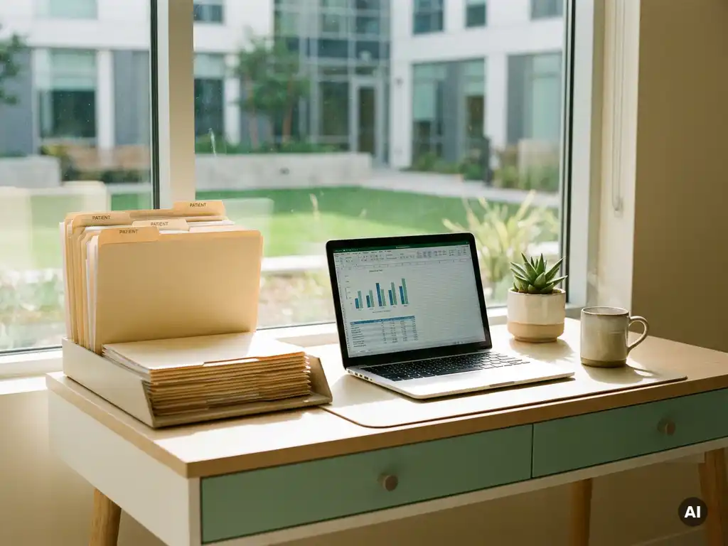 Aufgeräumter Schreibtisch einer Rehabilitationstherapeutin mit Patientenakten, Laptop mit Abrechnungsdiagrammen und Zimmerpflanze in deutscher Klinik.