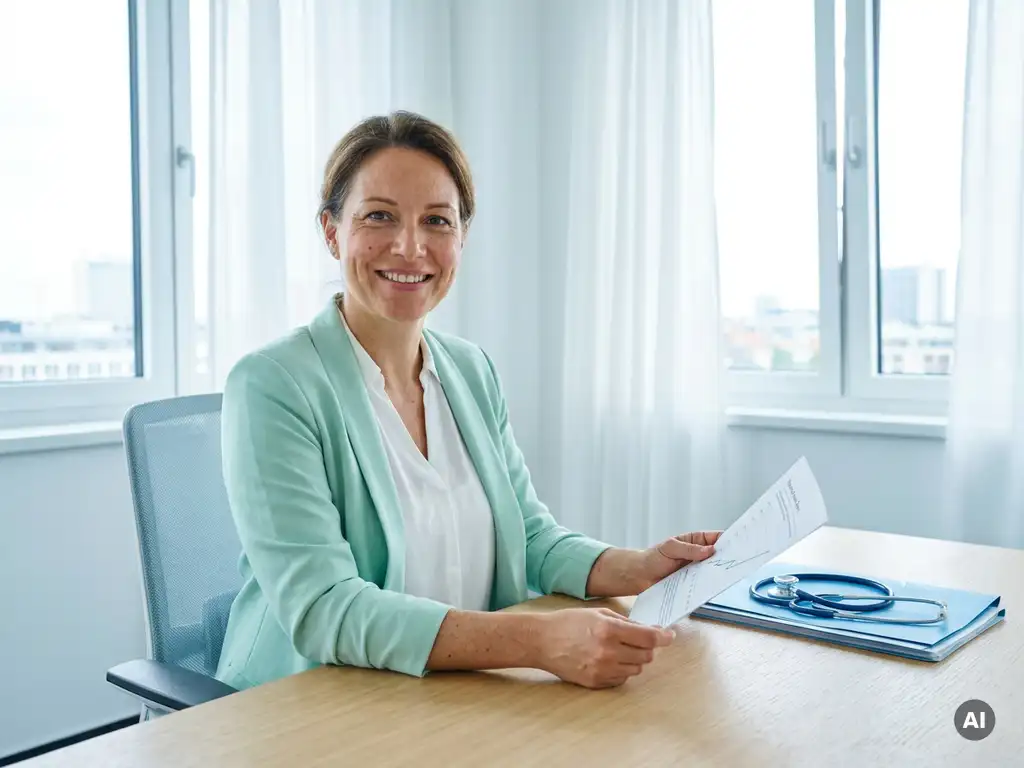 Gesundheitsadministratorin prüft Finanzbericht am modernen Bürotisch neben Stethoskop und Aufwärtsgrafik im hellen Tageslicht.