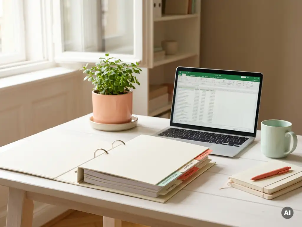 Aufgeräumter Schreibtisch mit Compliance-Ordner, Laptop und grüner Pflanze für deutsche Gesundheitsabrechnung.