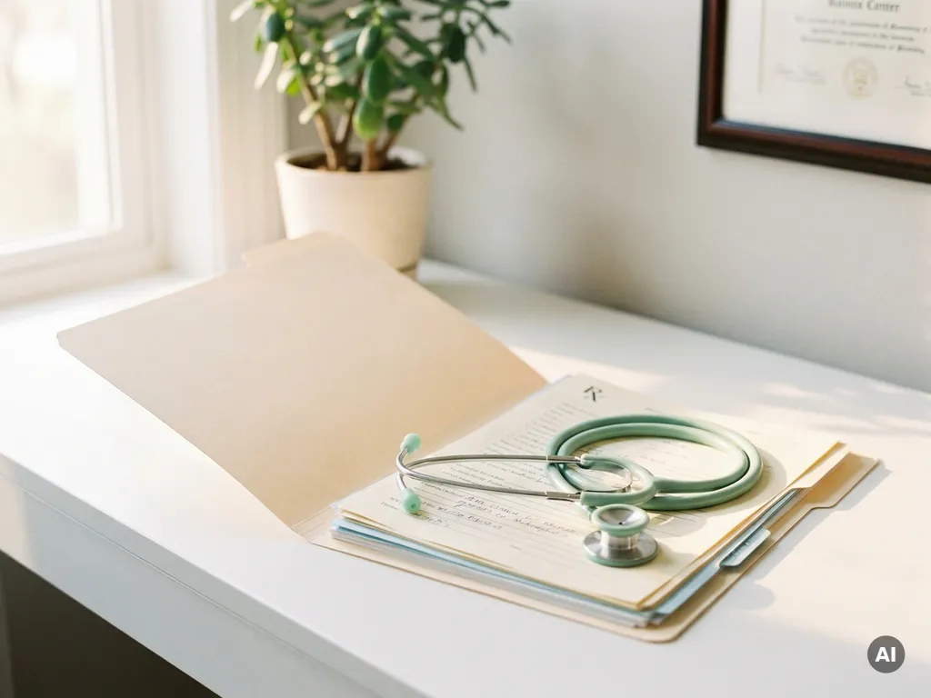 Geöffneter Patientenordner mit Rezeptformularen und Pflegedokumentation neben einem Stethoskop auf weißem Schreibtisch in moderner Arztpraxis.