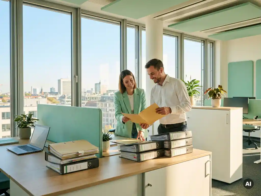 Medizinprodukte-Spezialist und Krankenversicherungsvertreter übergeben Dokumentenmappe in modernem Büro mit Tageslicht.