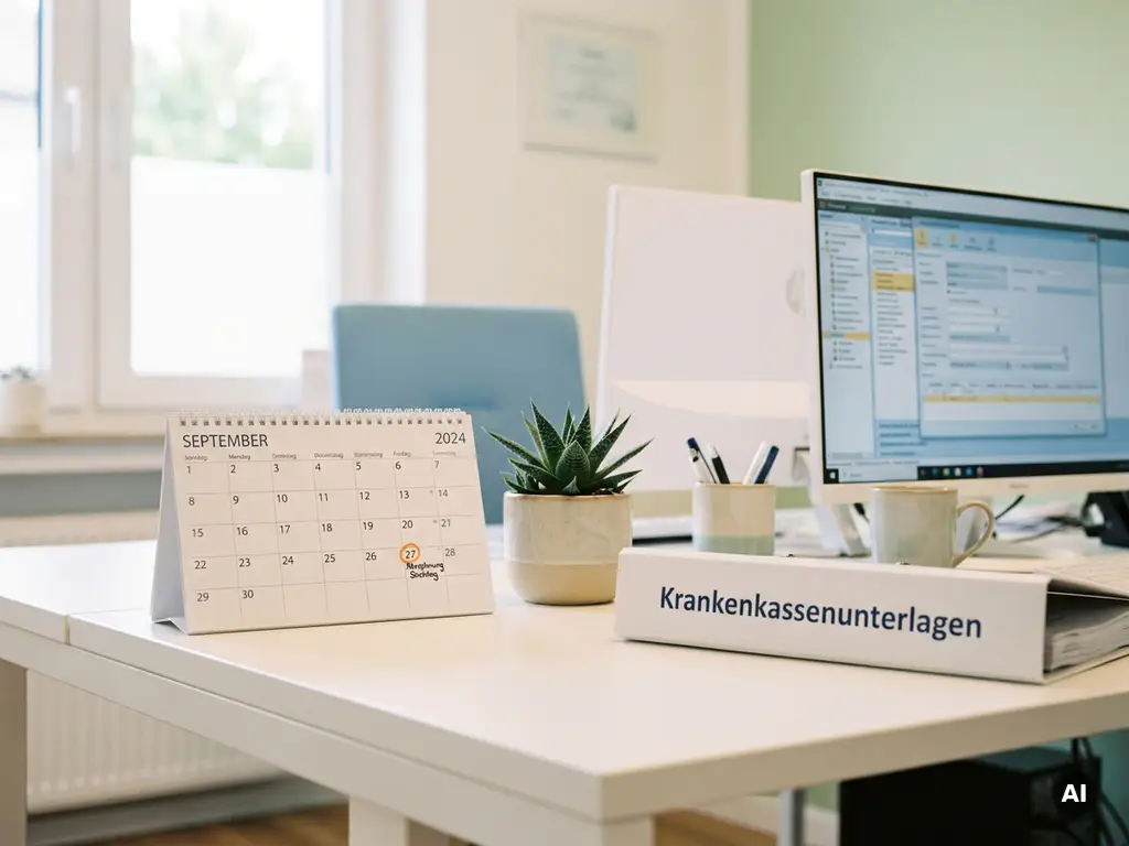 Aufgeräumter Schreibtisch mit Kalender, Krankenversicherungsunterlagen und kleiner Pflanze in einem deutschen Abrechnungsbüro.
