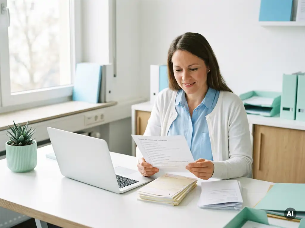 Abrechnungsspezialistin prüft Checkliste an modernem Büroschreibtisch mit sortierten Rezeptformularen, Laptop und grüner Pflanze im Tageslicht.