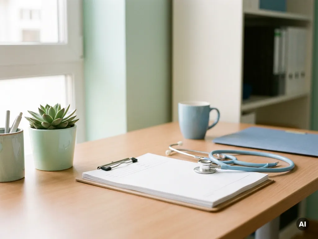 Stethoskop und Klemmbrett mit Krankenkassen-Abrechnungsunterlagen auf einem modernen Büroschreibtisch mit kleiner Sukkulente im Sonnenlicht.