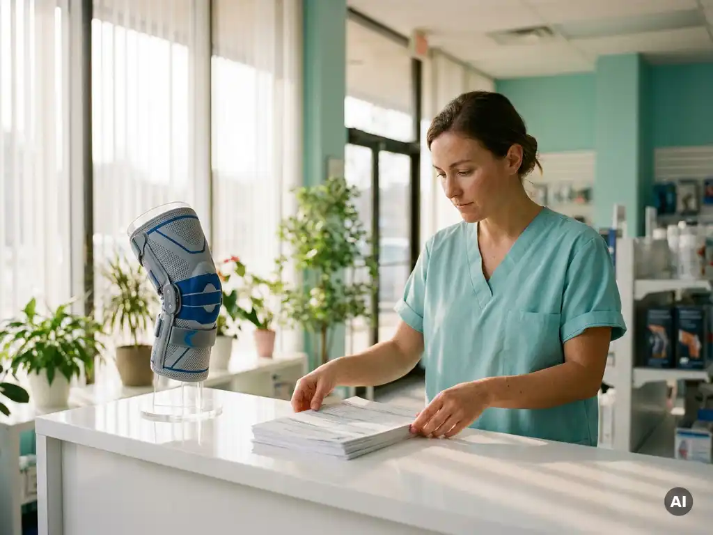 Fachkraft im Sanitätsfachhandel sortiert Krankenversicherungsformulare am Empfangstresen neben einer modernen Orthese.