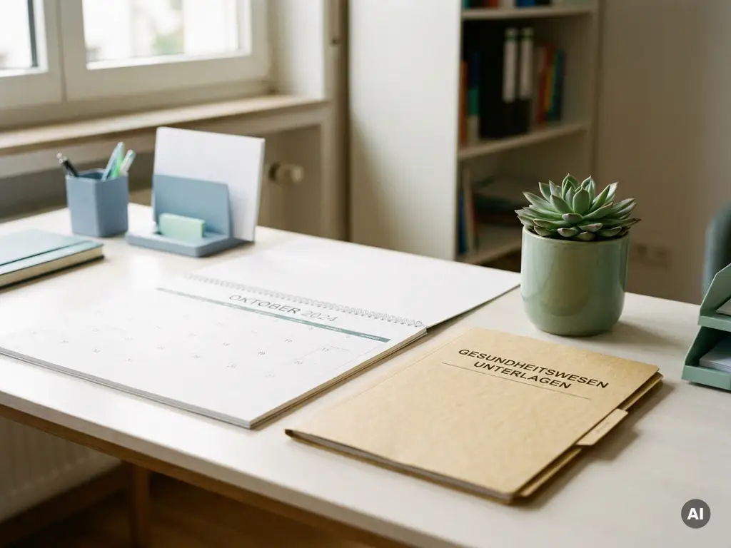 Moderner deutscher Büroschreibtisch mit offenem Kalender, Krankenversicherungsordner und kleiner Sukkulente im Sonnenlicht.