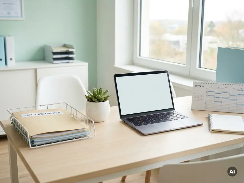 Aufgeräumter Schreibtisch einer Abrechnungsspezialistin mit Krankenkassenunterlagen, Kalender und Laptop im hellen Büro.