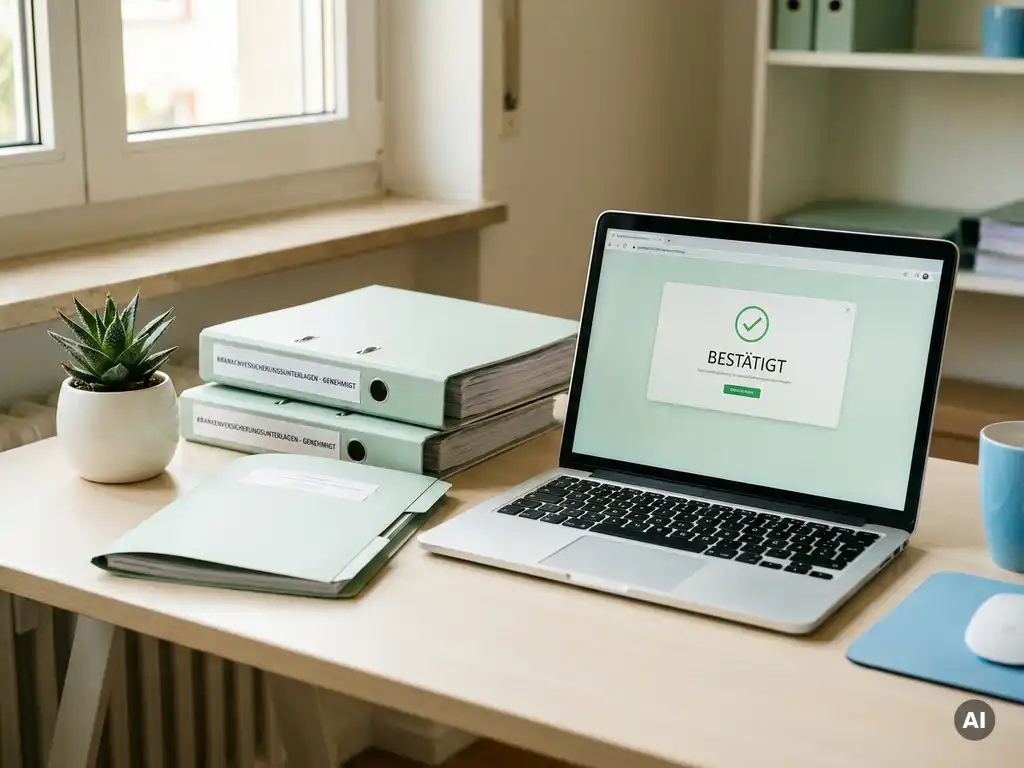 Moderner Abrechnungsarbeitsplatz mit genehmigten Krankenkassendokumenten, Laptop mit grünem Rechnungsstatus und kleiner Sukkulente im Tageslicht.