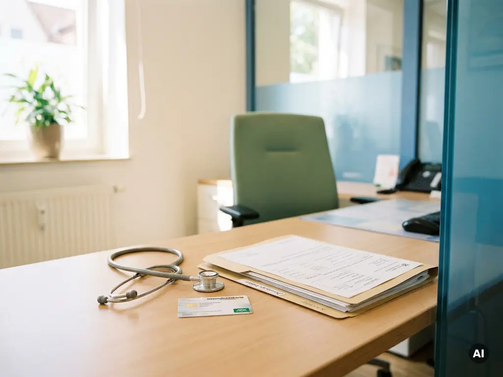 Medizinischer Schreibtisch mit Stethoskop, Krankenversicherungskarte und Rezeptunterlagen in hellem Büro mit Tageslicht.