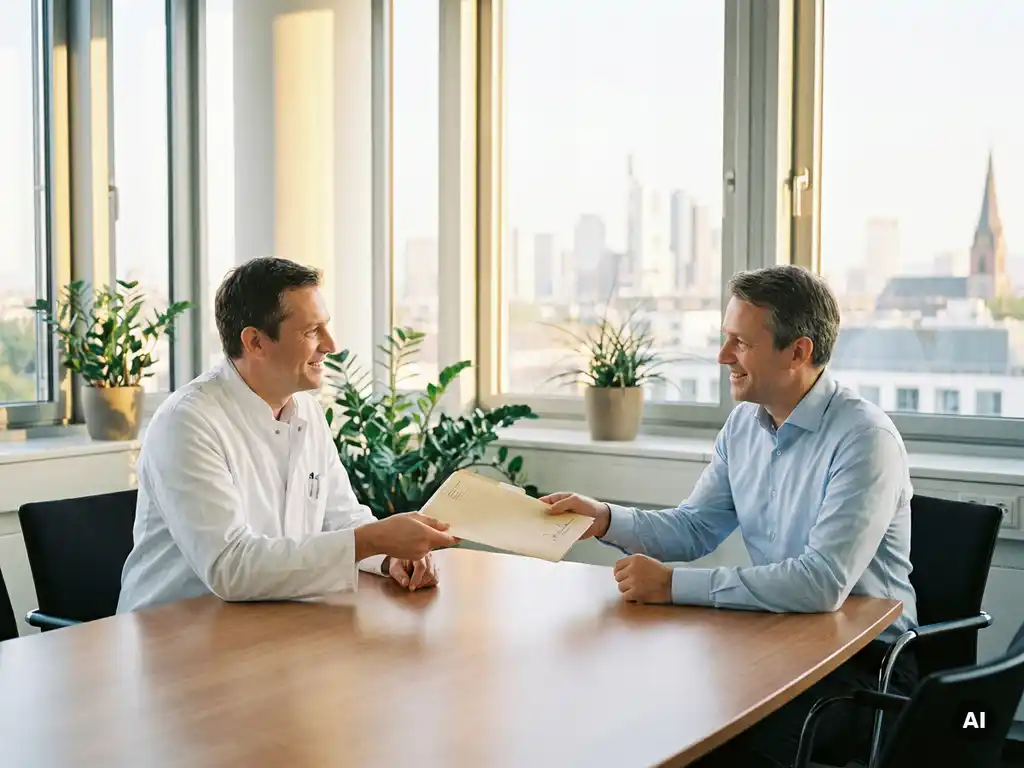 Arzt und Versicherungsvertreter tauschen unterzeichneten Vertrag am Konferenztisch aus, modernes Büro mit Stadtblick auf deutsche Skyline.