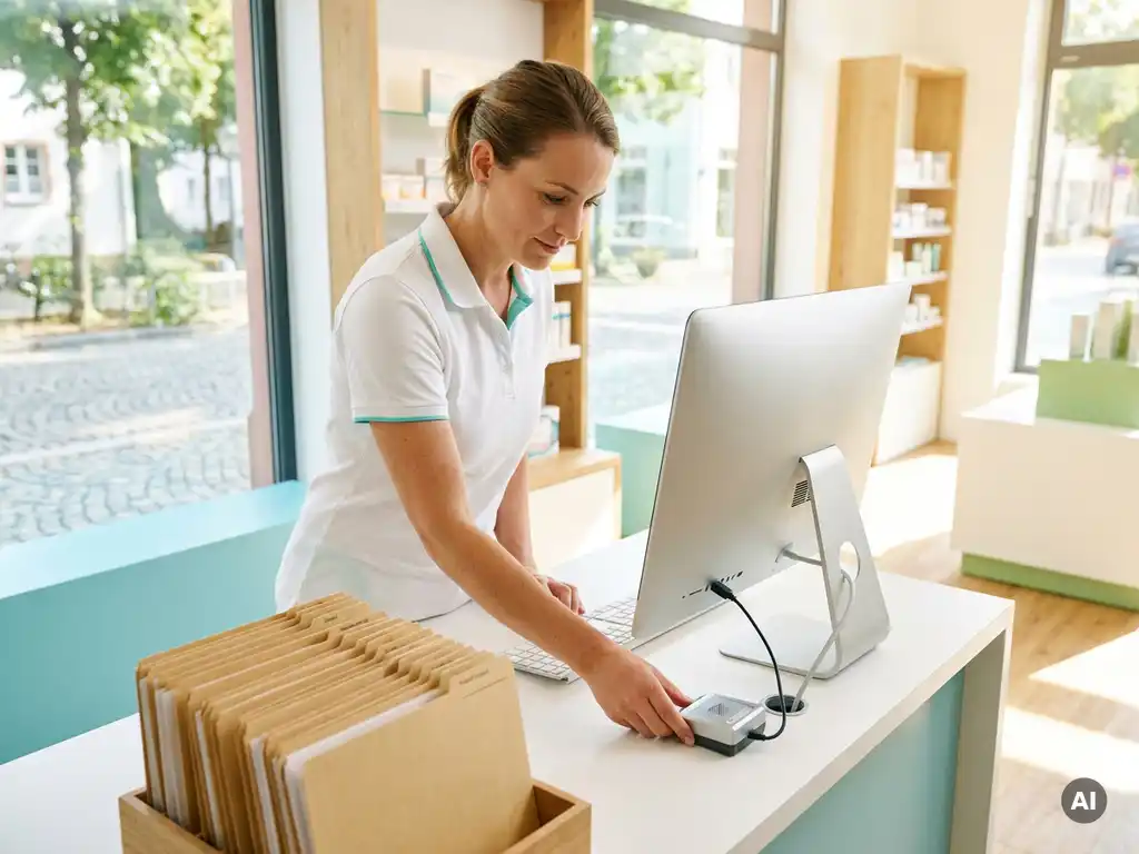 Fachkraft im Sanitätshaus schließt Kartenlesegerät an Desktop-PC an, Patientenakten auf hellem Schreibtisch, sonnendurchflutete Verkaufsfläche.