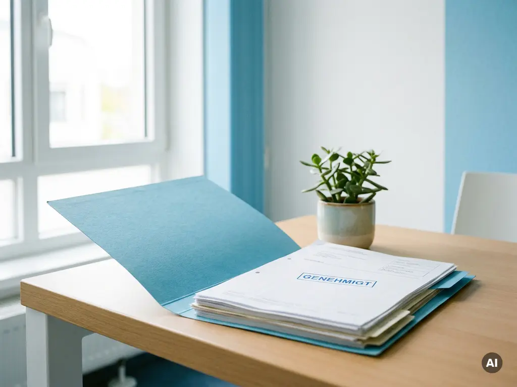 Geöffneter Abrechnungsordner auf modernem Büroschreibtisch neben genehmigtem Dokument und kleiner grüner Pflanze im Sonnenlicht.