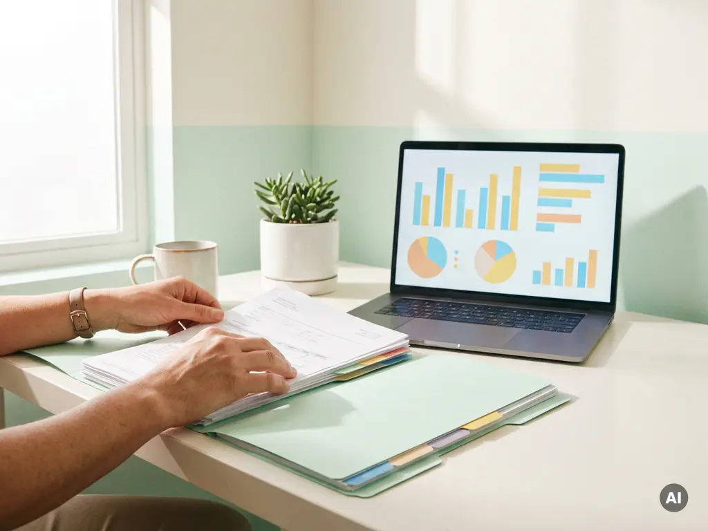 Abrechnungsspezialistin ordnet Rezeptformulare auf aufgeräumtem Schreibtisch neben Laptop mit Kodierungsdiagrammen und kleiner Sukkulente.