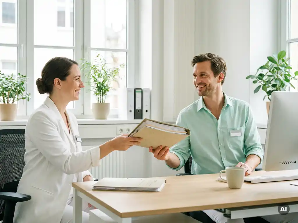 Ärztin übergibt Kollegen einen Ordner mit Abrechnungsunterlagen in einem modernen, hellen deutschen Büro.