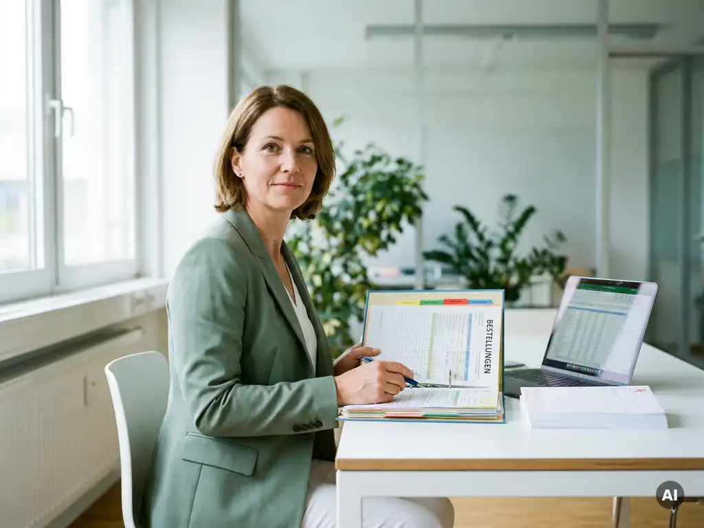 Medizinische Verwaltungsfachkraft prüft organisierten Medizinprodukte-Ordner an modernem Büroschreibtisch mit Rezeptformularen und Laptop.