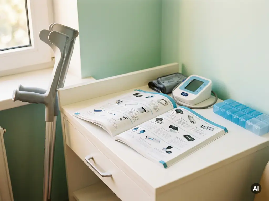 Aufgeschlagener Medizinbedarf-Katalog auf weißem Kliniktisch mit Unterarmgehstütze, Blutdruckmessgerät und Medikamenten-Organizer im natürlichen Tageslicht.