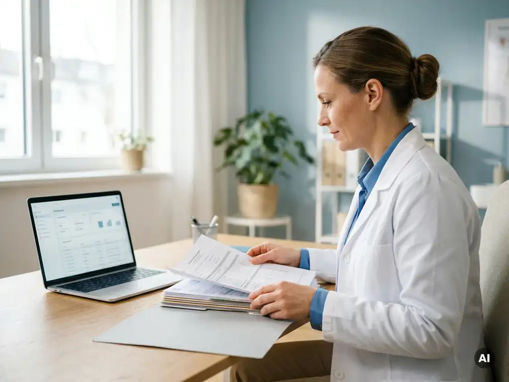 Ärztin in moderner Klinik prüft Patientenakte neben geöffnetem Laptop mit Patientendaten, natürliches Licht, ruhige Atmosphäre.