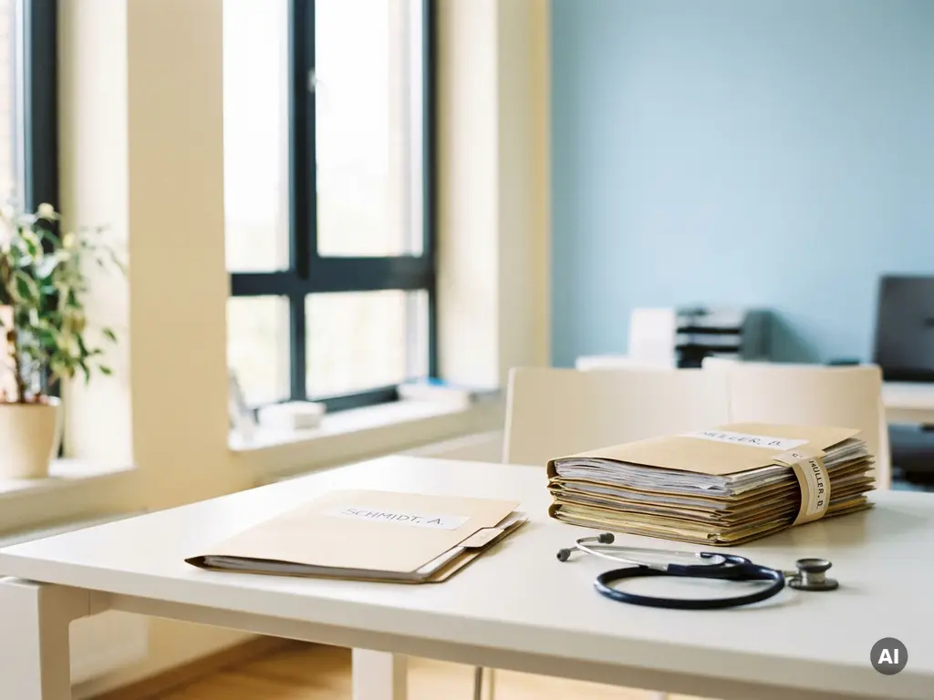 Zwei Patientenakten auf weißem Schreibtisch – eine dünn, eine dicker gebündelt – mit Stethoskop in deutschem Büro mit natürlichem Licht.