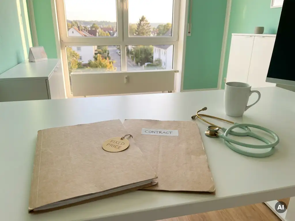 Schreibtisch einer Abrechnungsspezialistin mit zwei Dokumentenmappen, Preisschild, Vertrag und Stethoskop im warmen Bürolicht.