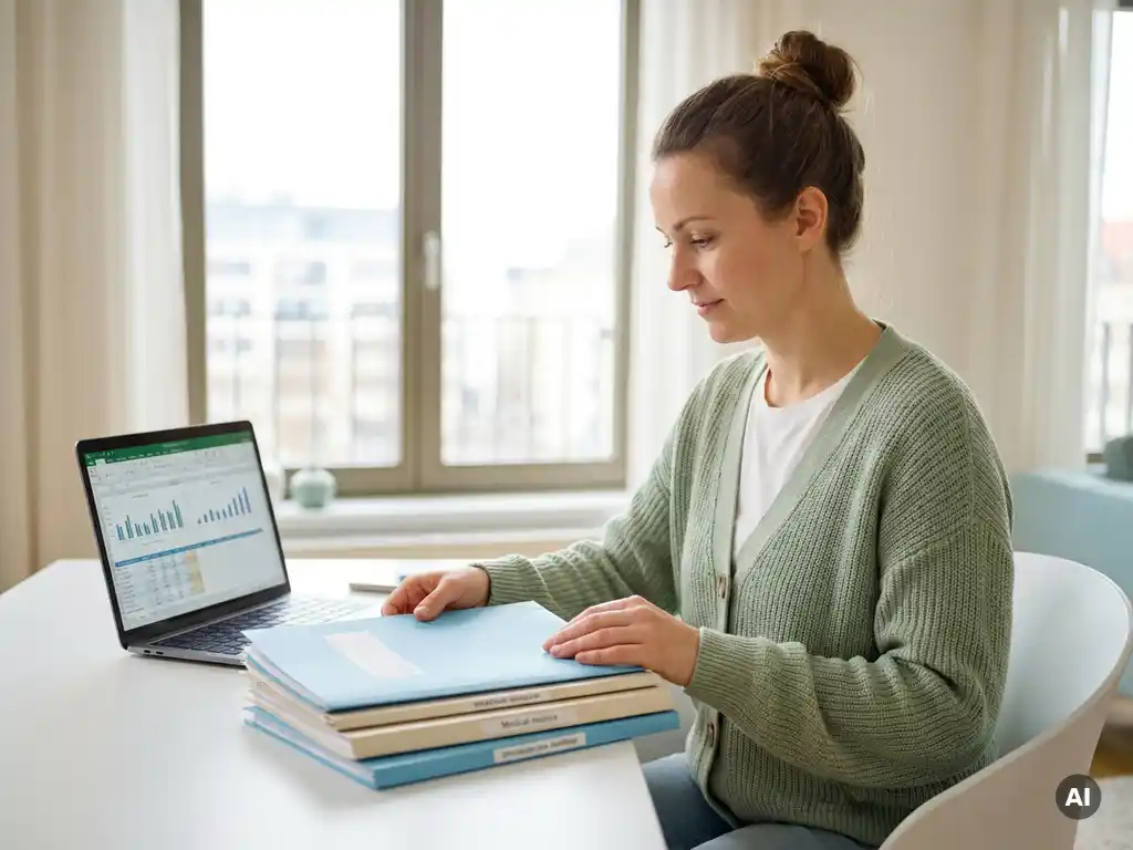 Hauskrankenpflegerin ordnet Rezeptmappen auf weißem Schreibtisch mit geöffnetem Laptop in hellem deutschen Apartment.