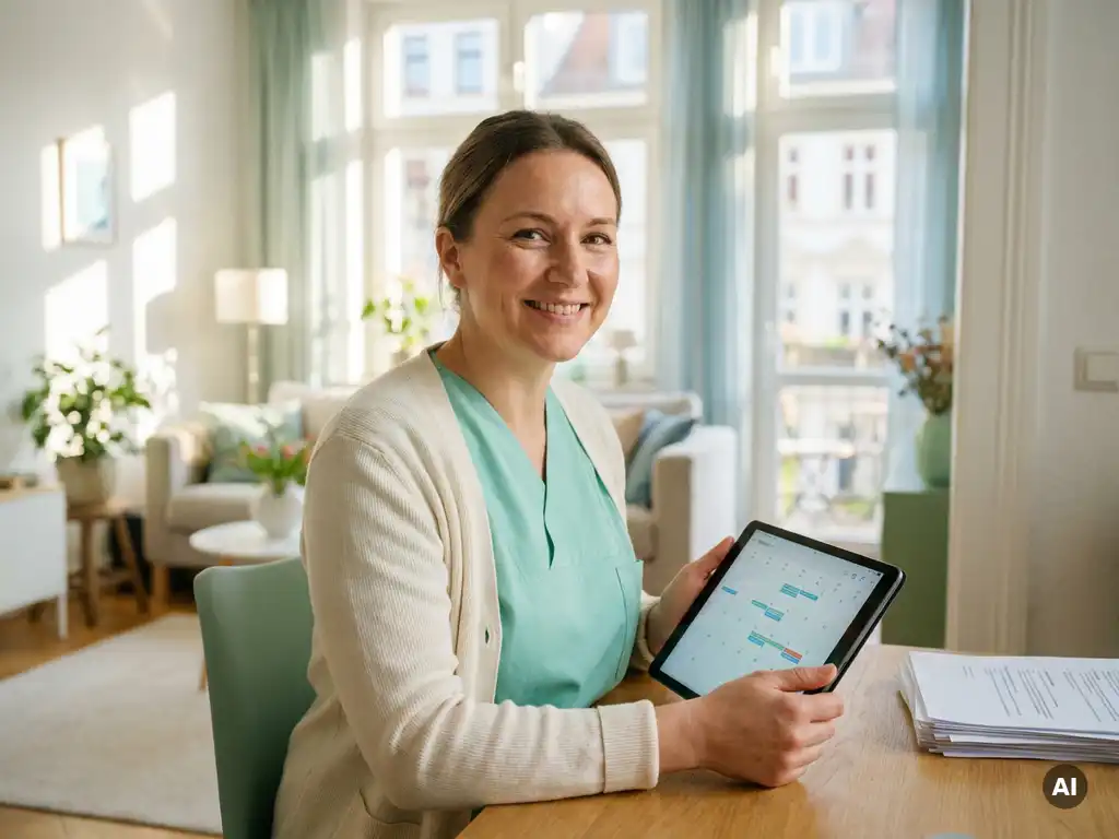 Hauskrankenpflegerin in Scrubs prüft digitalen Workflow auf Tablet am sonnigen Schreibtisch, Papierdokumente beiseitegelegt.