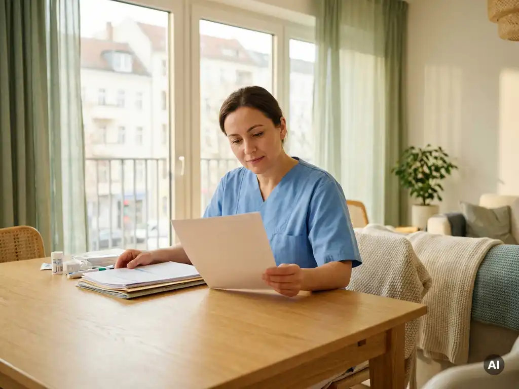 Hauskrankenpflegerin prüft medizinische Formulare an hellem Eichenschreibtisch in moderner deutscher Wohnung mit Tageslicht.
