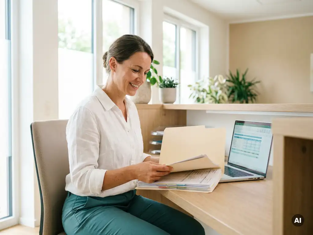 Rehabilitationstherapeut prüft Patientendokumentation an modernem Klinikempfang mit geöffnetem Laptop und Abrechnungsdaten.