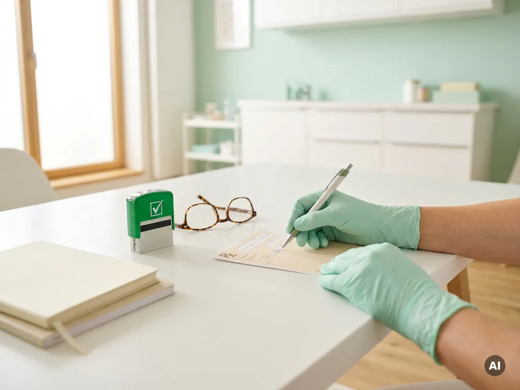 Arzthand korrigiert Papierrezept auf weißem Schreibtisch, grüner Stempel und Lesebrille daneben, modernes deutsches Praxiszimmer.