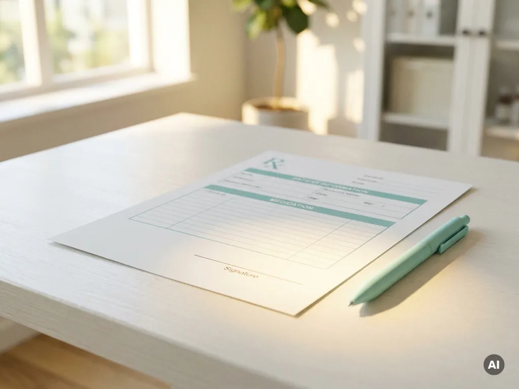 Medizinisches Rezeptformular auf weißem Schreibtisch mit moderner Stift und hervorgehobener Unterschriftszeile im natürlichen Tageslicht.