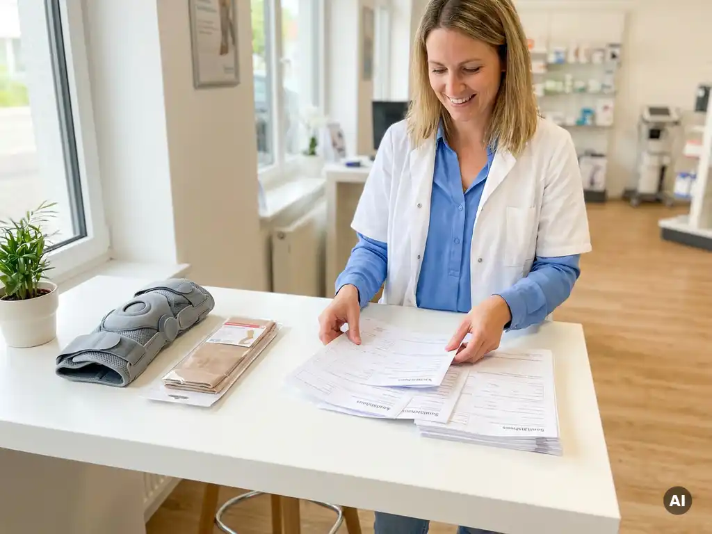 Mitarbeiterin eines Sanitätshauses sortiert Rezeptformulare und Krankenversicherungsunterlagen auf einem weißen Schreibtisch mit Orthesenschiene und Kompressionsstrumpf.