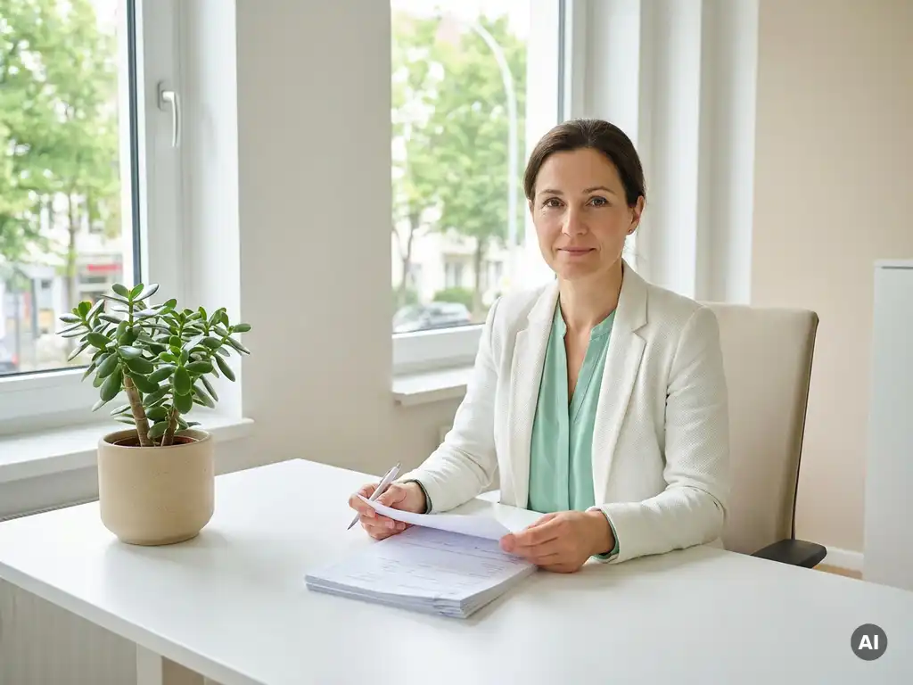 Gesundheitsadministratorin bearbeitet Rezeptformulare an modernem Büroschreibtisch mit grüner Pflanze und Tageslicht.
