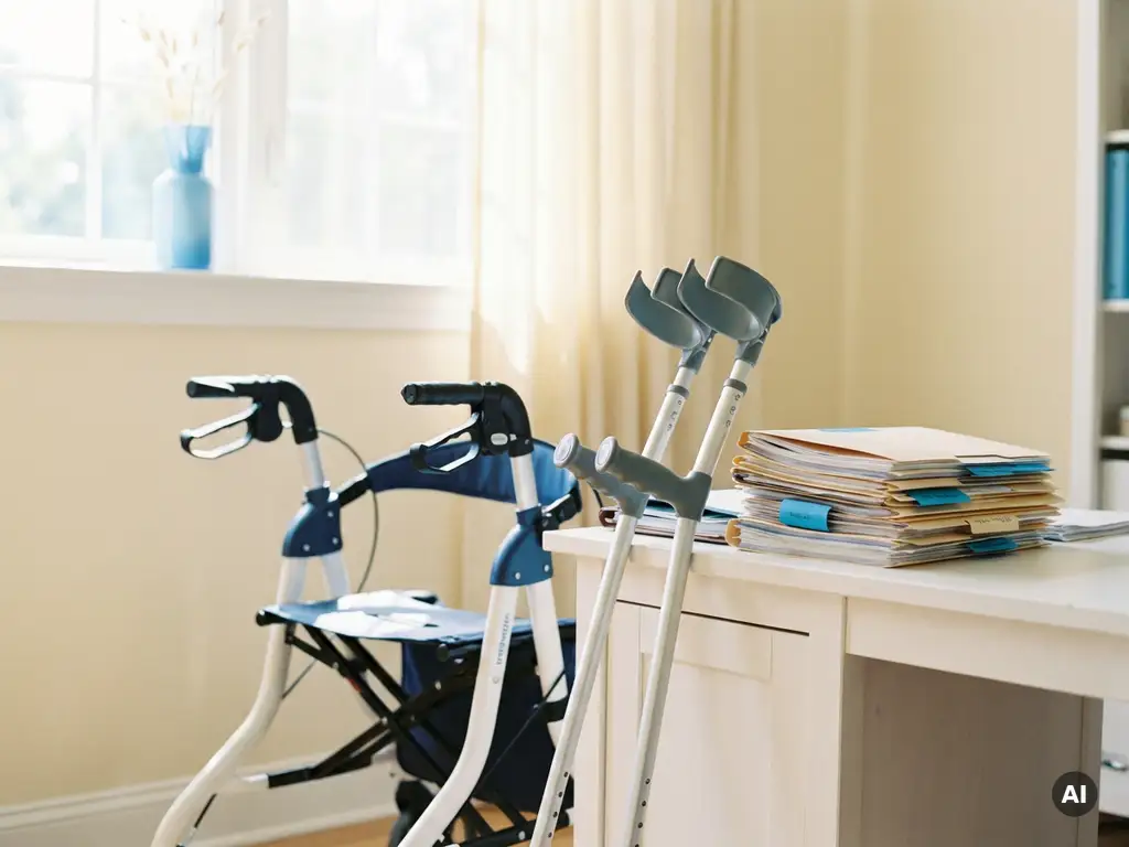 Rollator und Unterarmgehstützen an einem weißen Schreibtisch mit Versicherungsunterlagen, natürliches Tageslicht, helle freundliche Atmosphäre.