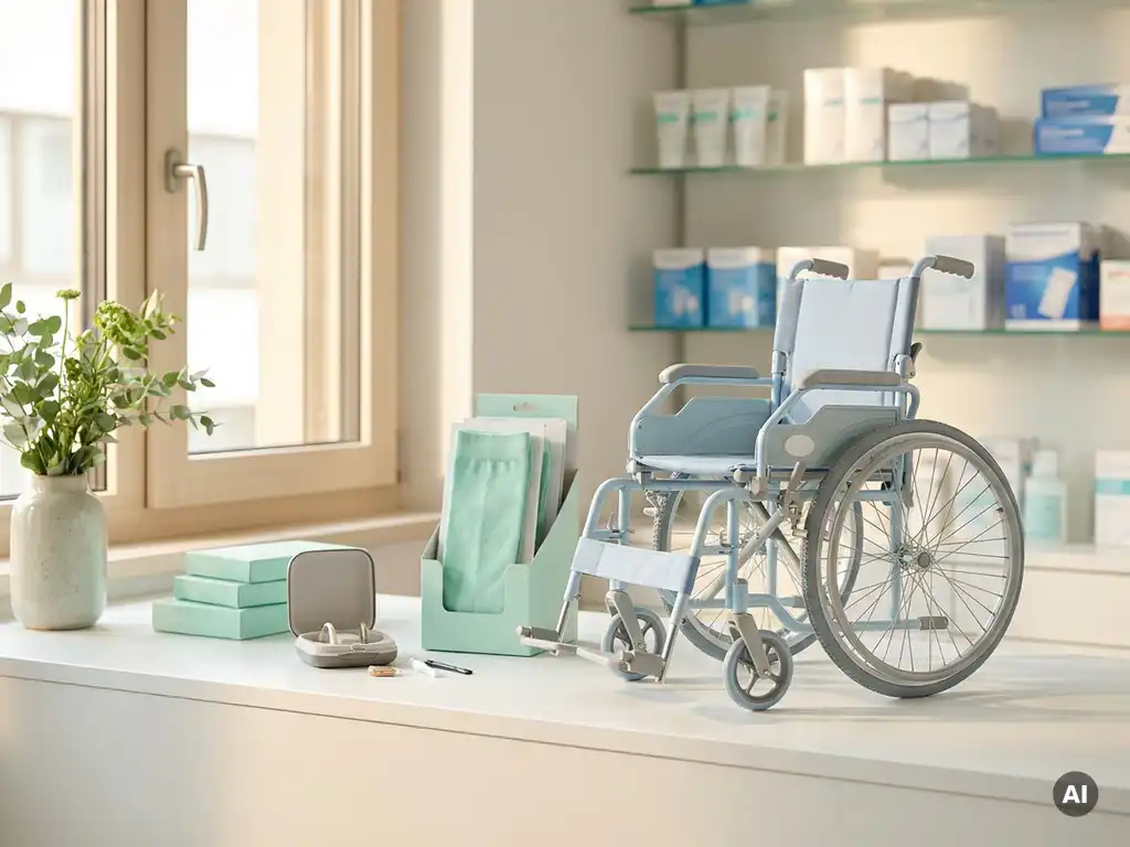 Rollstuhl, Kompressionsstrümpfe und Hörgerät auf weißem Tresen einer deutschen Apotheke im sanften Tageslicht.