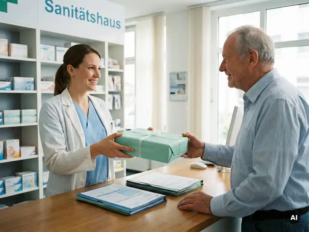 Sanitätshaus-Mitarbeiter übergibt einem lächelnden Patienten ein verpacktes Hilfsmittel, zwei Dokumente auf hellem Tresen sichtbar.