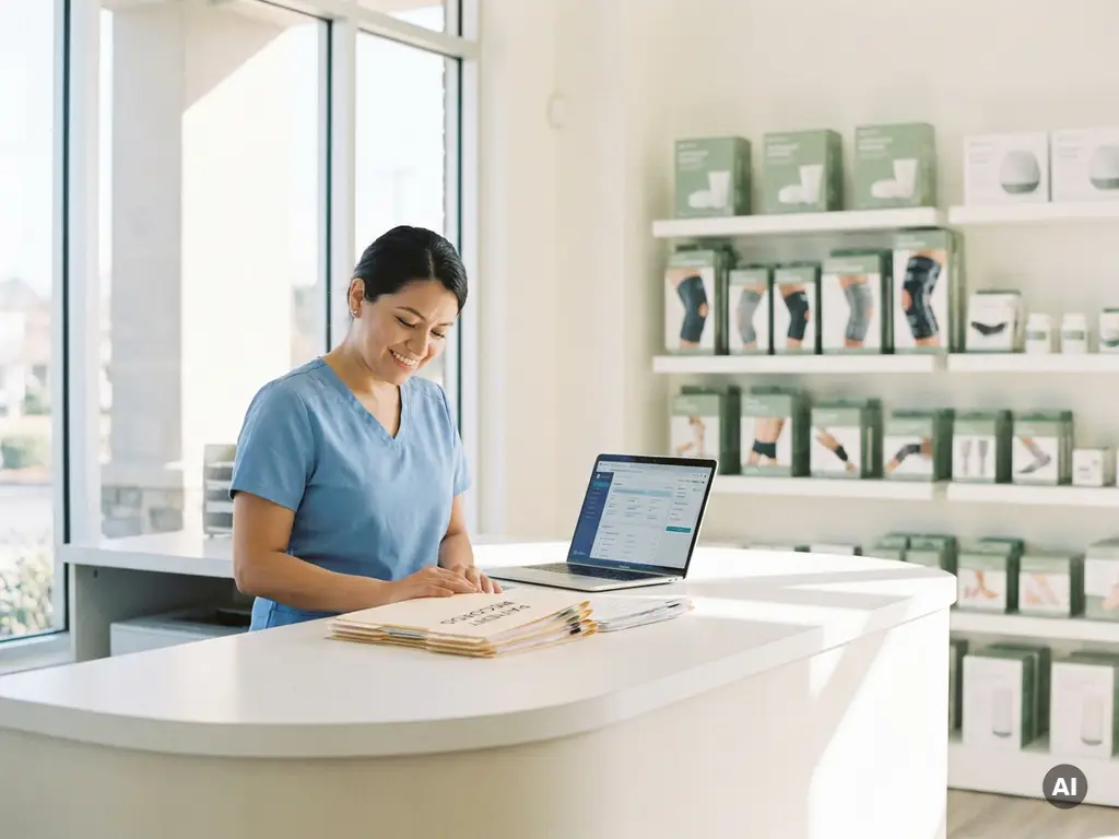 Mitarbeiterin eines Sanitätshauses prüft Patientenakten an modernem Empfangstresen mit Laptop, orthopädische Produkte im Hintergrund.